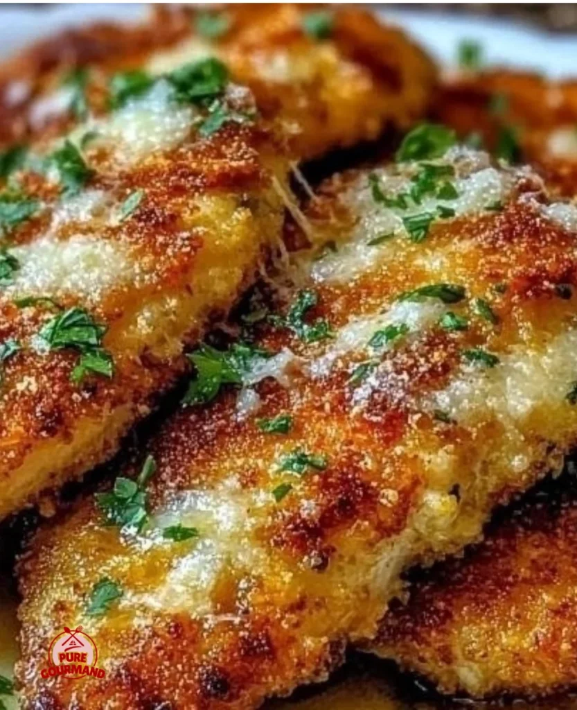 Crispy baked Italian Parmesan chicken served on a plate, garnished with herbs.