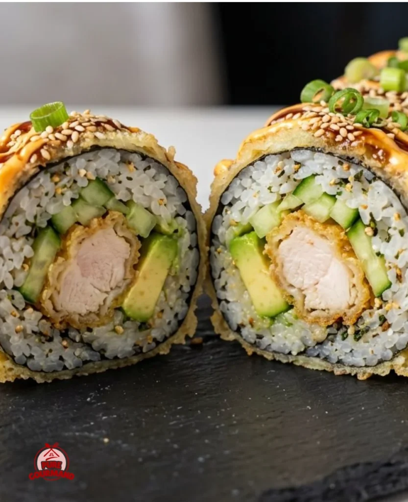 Delicious crispy chicken tempura roll with creamy filling and crunchy coating