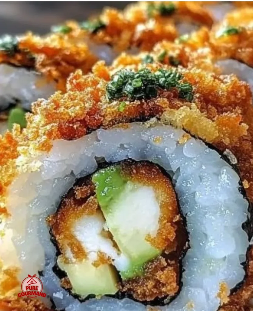Crispy chicken tempura roll sushi with vibrant colors and textures