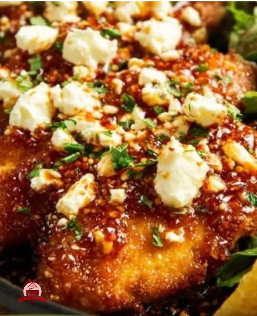 Crispy hot honey feta chicken garnished with herbs and sauce