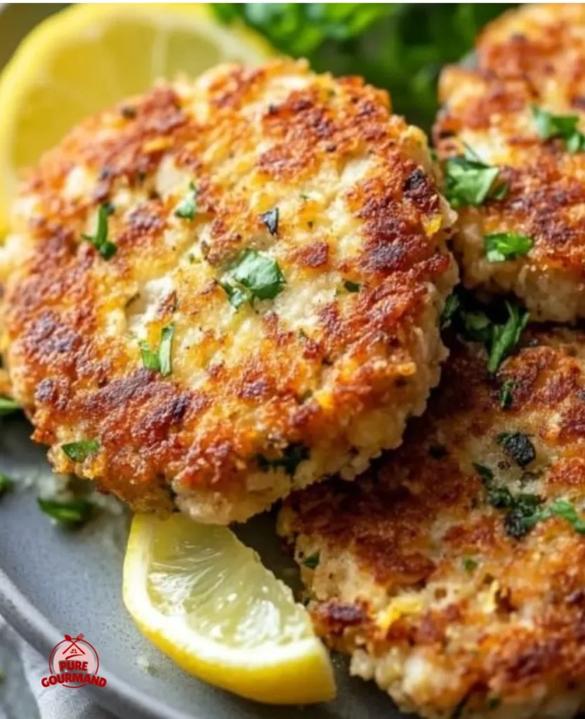 Crispy lemon Parmesan garlic and herb tuna patties served on a plate.