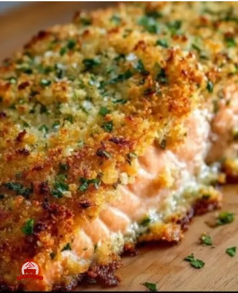 Crispy Parmesan Crusted Baked Salmon dish garnished with herbs