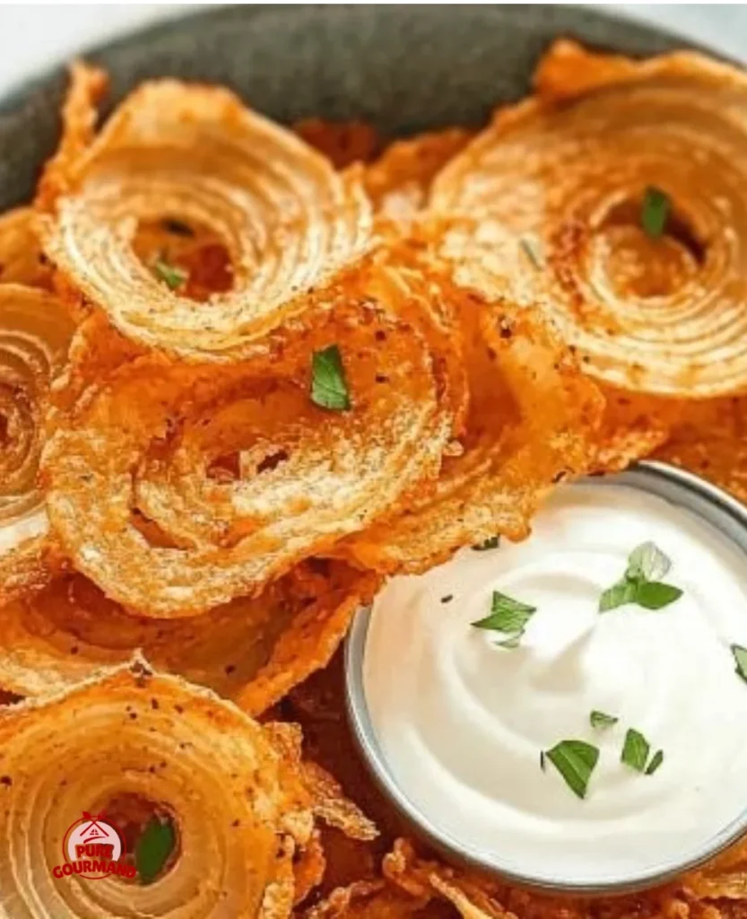 Crispy Parmesan onion ring chips served in a bowl, golden and crunchy