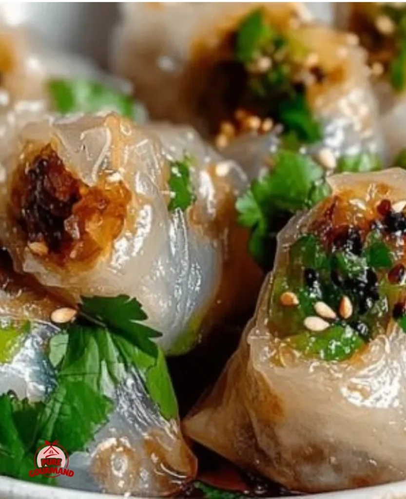 Crispy rice paper dumplings served with dipping sauce on a plate
