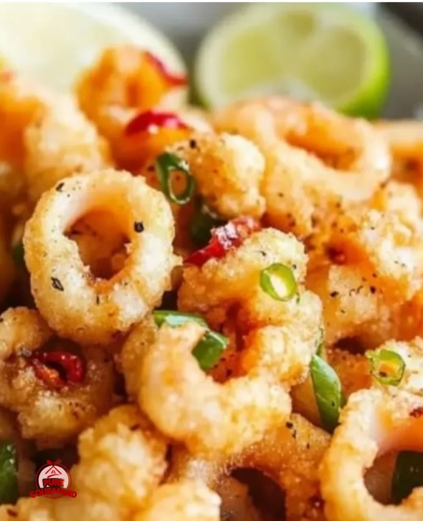 Plate of crispy salt and pepper squid, garnished and served with dipping sauce