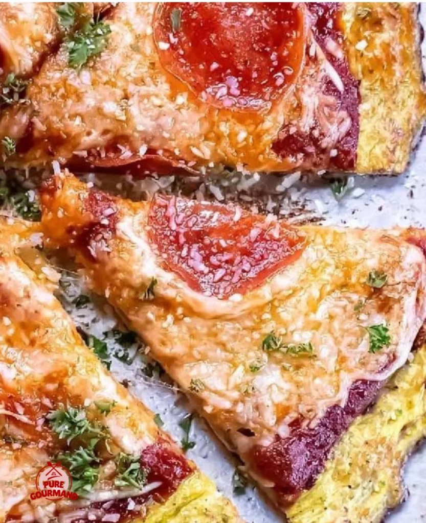 Crispy spaghetti squash pizza topped with fresh vegetables and melted cheese.