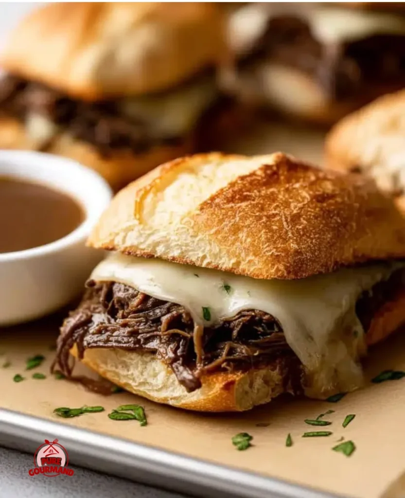 Crockpot French dip sandwiches served with au jus for dipping