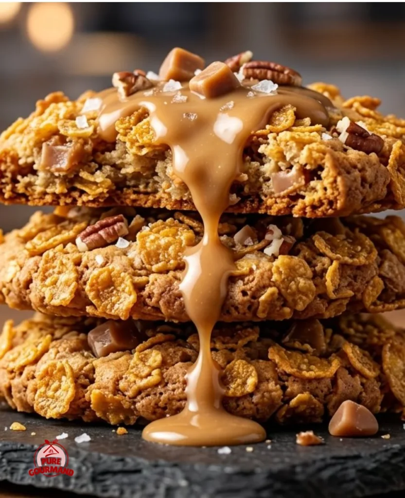 Crunchy cornflake toffee cookies on a plate, showcasing their texture and sweetness.