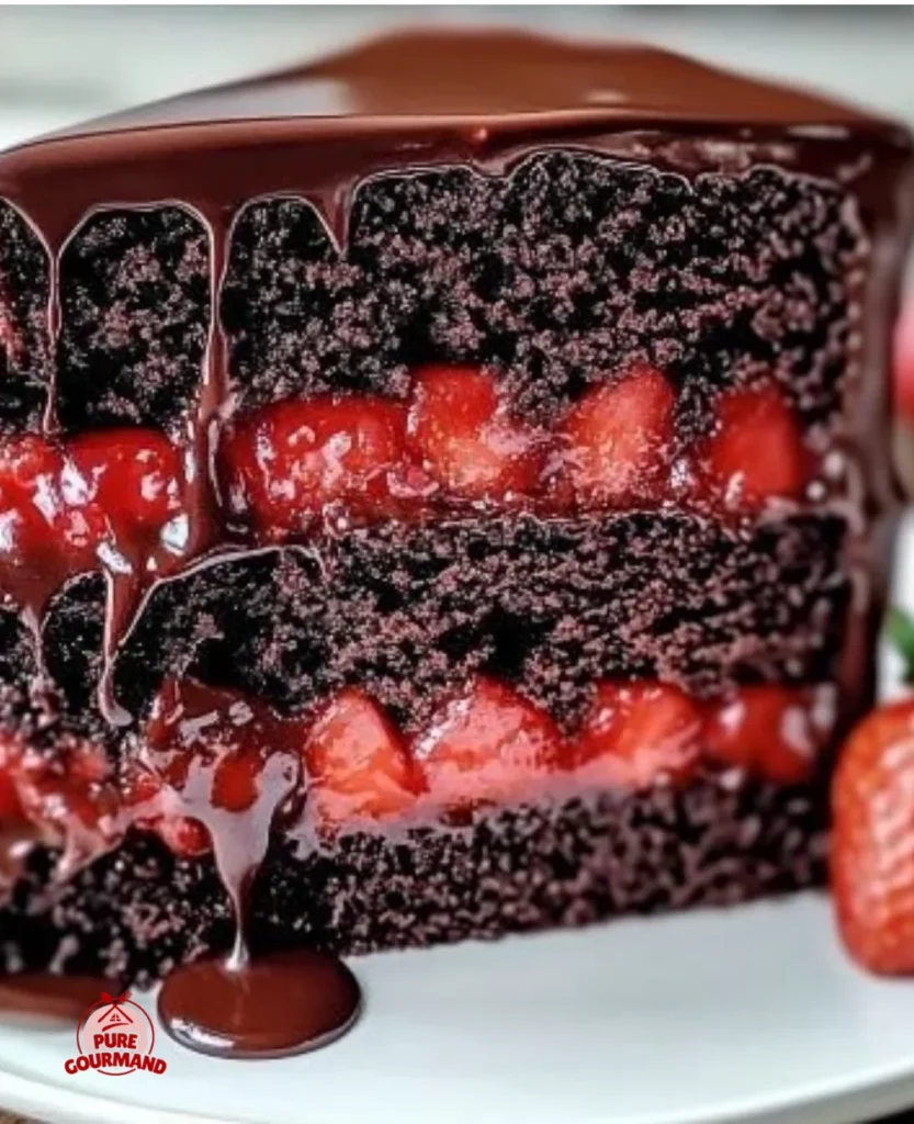 Decadent chocolate strawberry cake topped with fresh strawberries and rich chocolate glaze