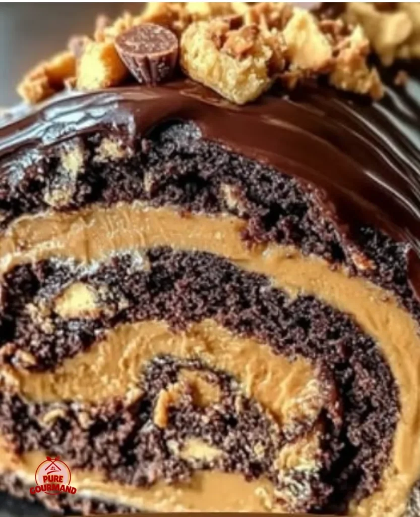 Decadent peanut butter cup chocolate roll slice on a plate