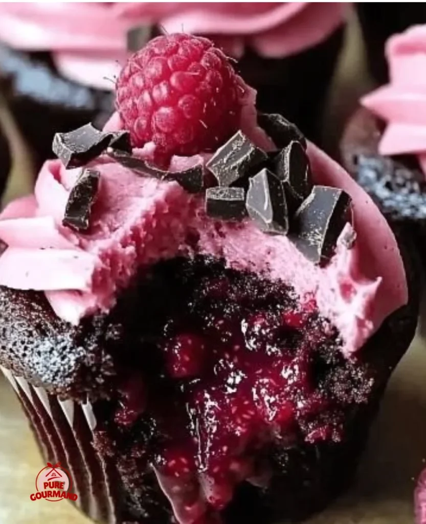 Decadent Raspberry Chocolate Lava Cupcakes with raspberry filling and chocolate glaze