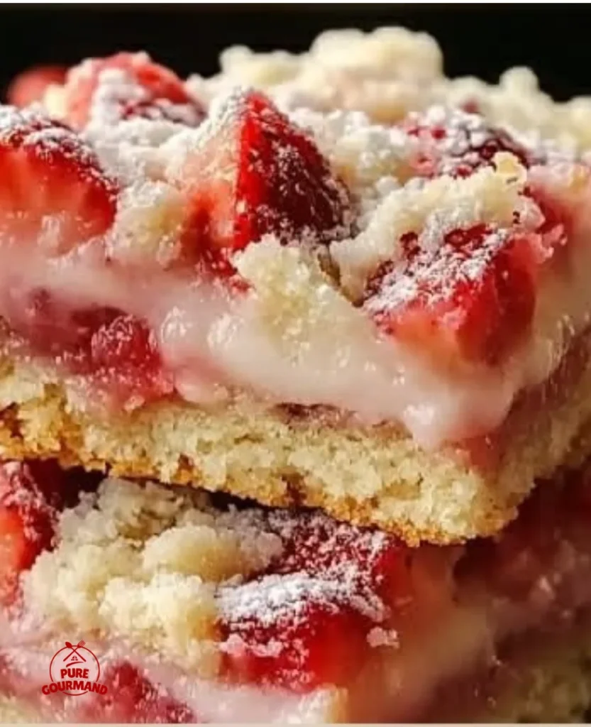 Decadent strawberry shortcake bars topped with fresh strawberries and whipped cream.