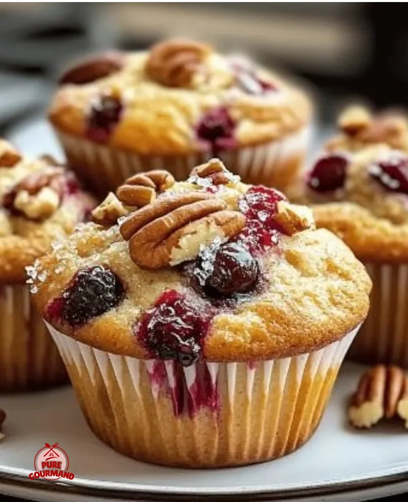 Freshly baked cranberry orange pecan muffins on a cozy kitchen table