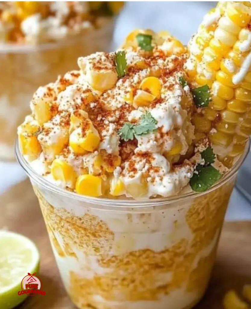 Delicious elote in a cup with corn, cheese, and spices served in a clear cup.