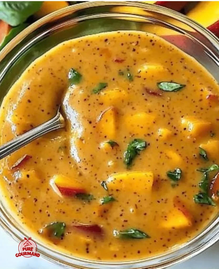Delicious peach honey dijon vinaigrette drizzled over fresh garden salad