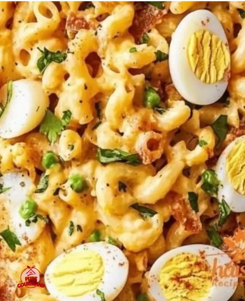 Creamy Deviled Egg Pasta Salad served in a bowl at a gathering