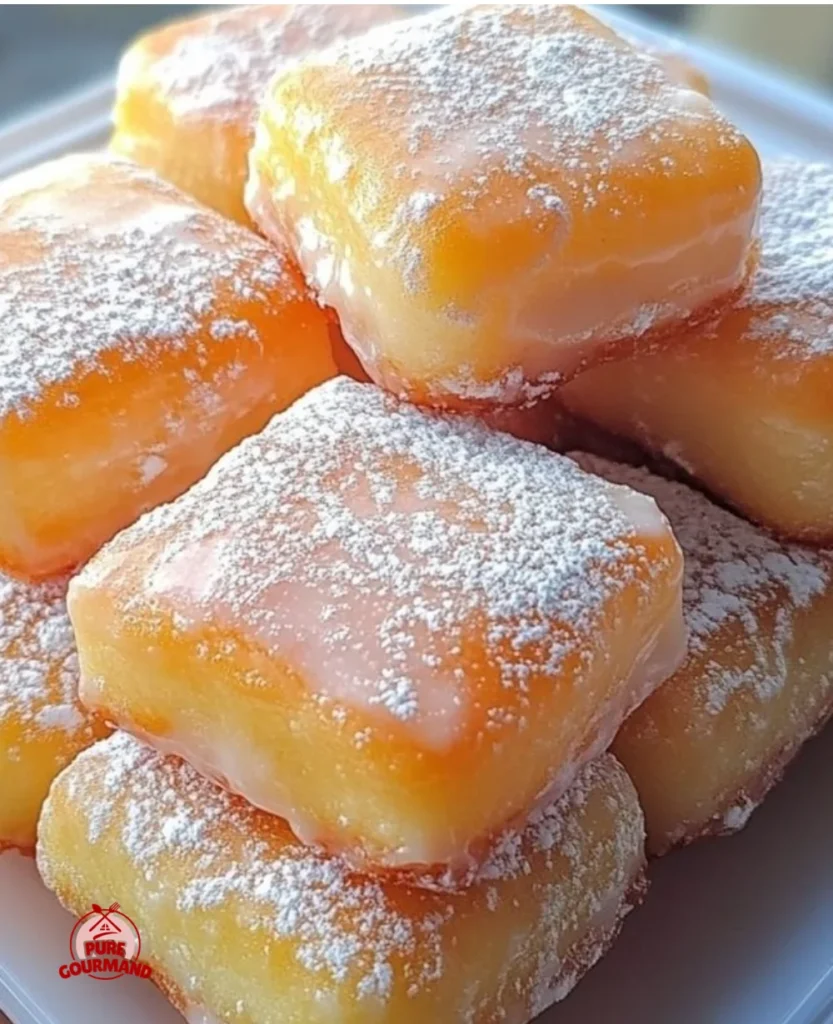 Golden brown buttermilk beignets dusted with powdered sugar on a plate