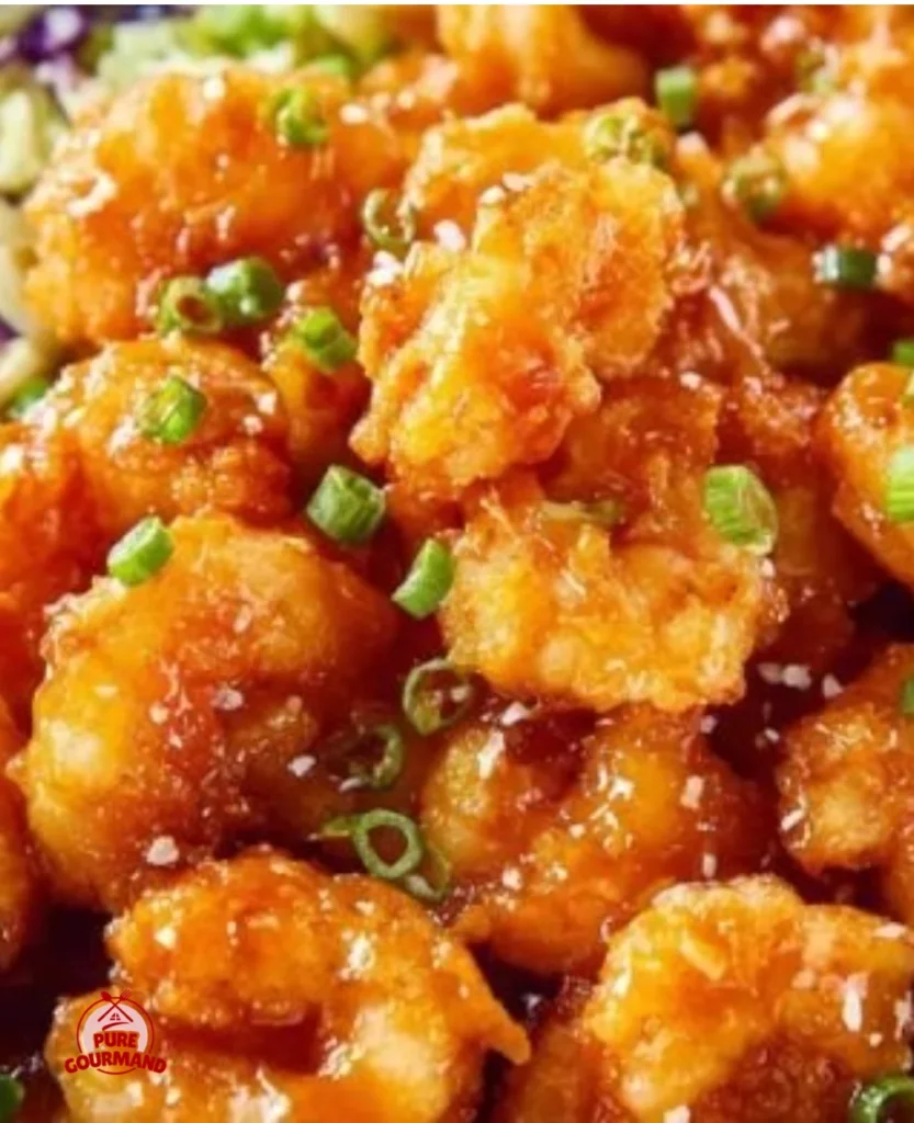 Plate of crispy Dynamite Shrimp with spicy sauce garnished with green onions