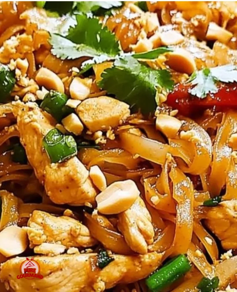Delicious Chicken Pad Thai served in a bowl with fresh herbs and peanuts