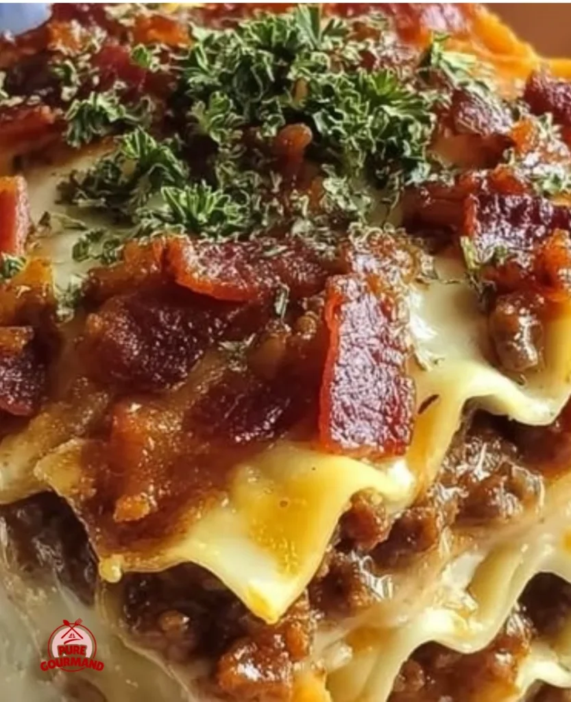 Delicious Easy Bacon Cheeseburger Lasagna Bake with cheese, bacon, and layers of pasta.