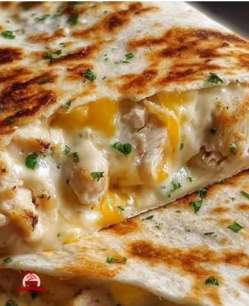 Easy cheesy garlic chicken wraps on a plate, garnished with fresh herbs