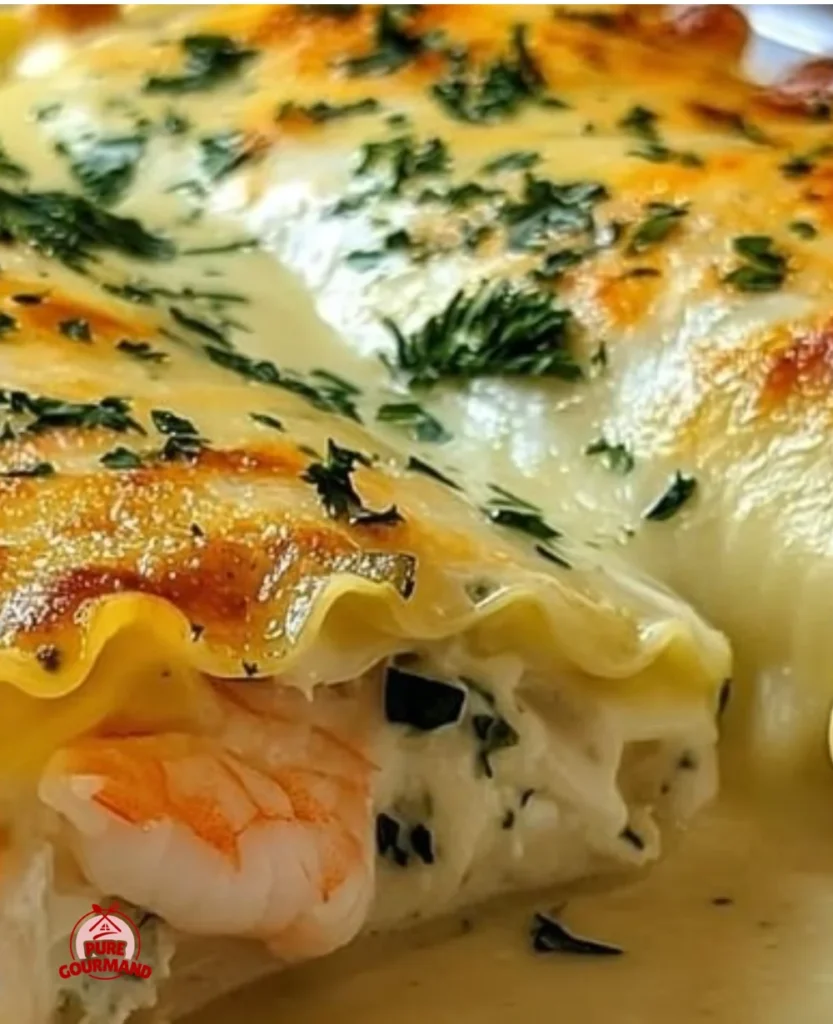 Easy cheesy shrimp crab alfredo lasagna roll-ups on a plate