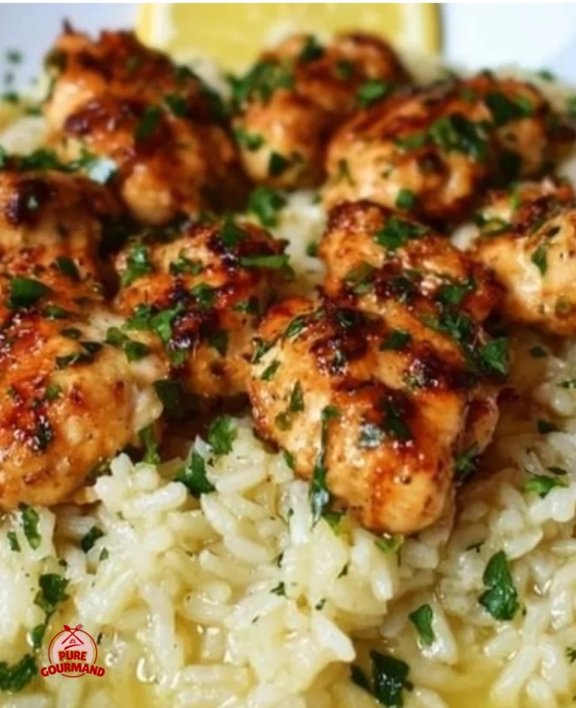 Easy creamy chicken scampi with garlic parmesan rice on a plate