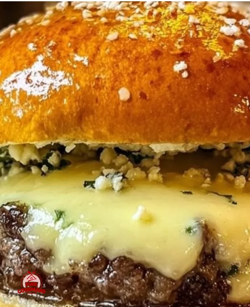 Garlic parmesan cheeseburger topped with melted cheese and garlic sauce