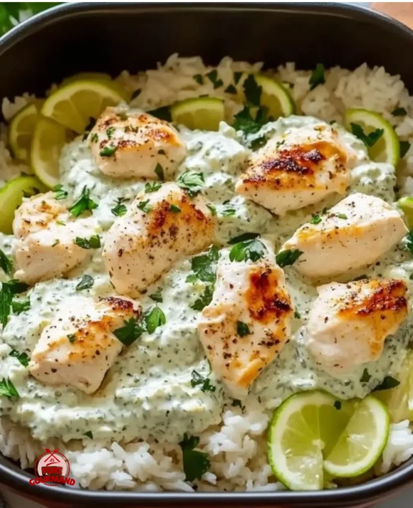 Easy dump-and-bake chicken tzatziki served with rice in a Mediterranean dish