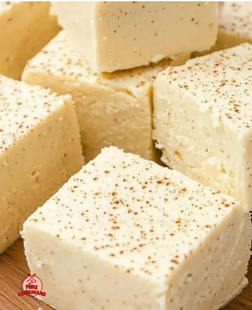 Delicious homemade eggnog fudge served on a festive plate.