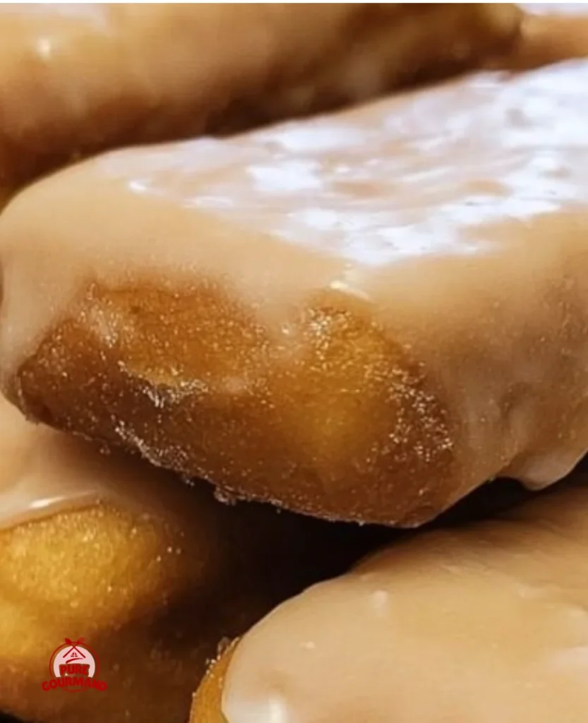 Delicious homemade maple donut bars on a plate, drizzled with syrup.