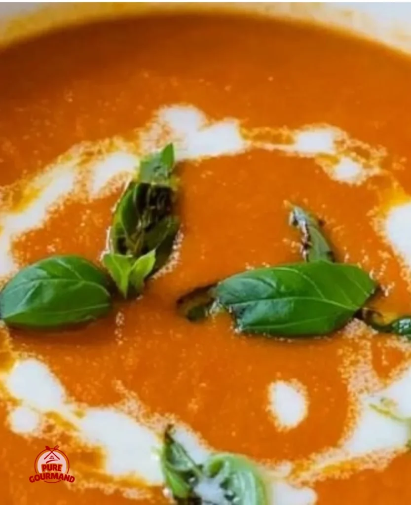 Bowl of easy homemade roasted tomato soup garnished with fresh basil