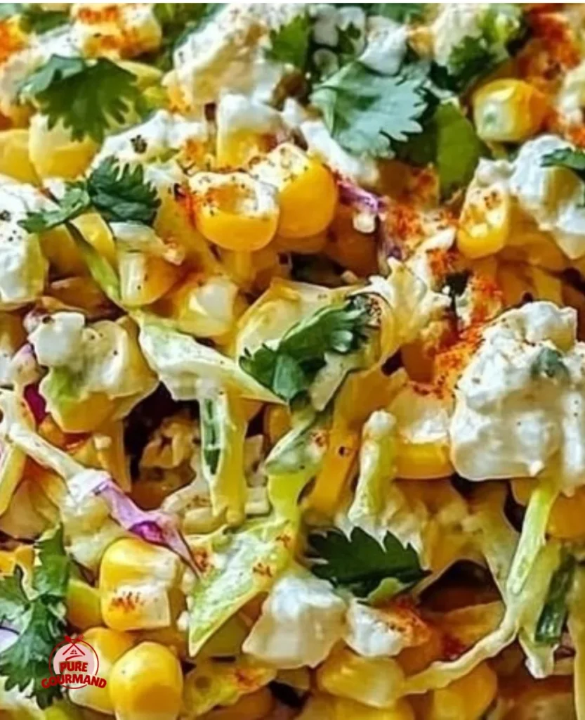 Delicious Easy Mexican Street Corn Coleslaw in a bowl, garnished with cilantro.