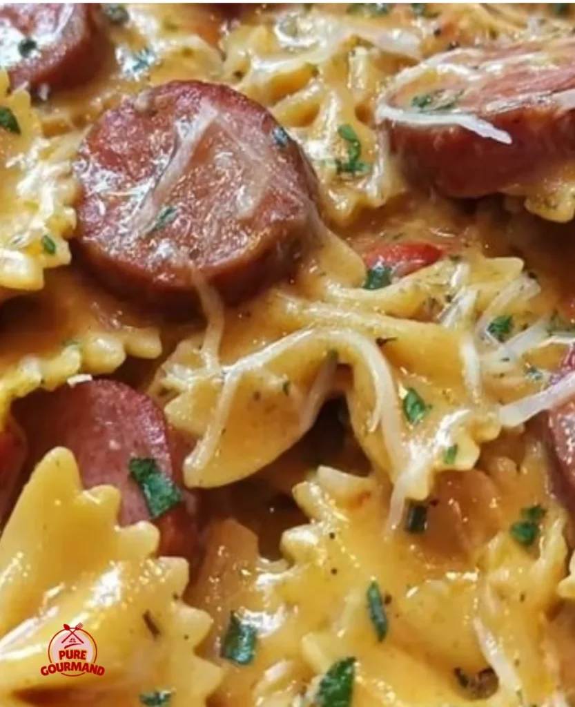 Delicious one pot smoked sausage pasta ready to serve.