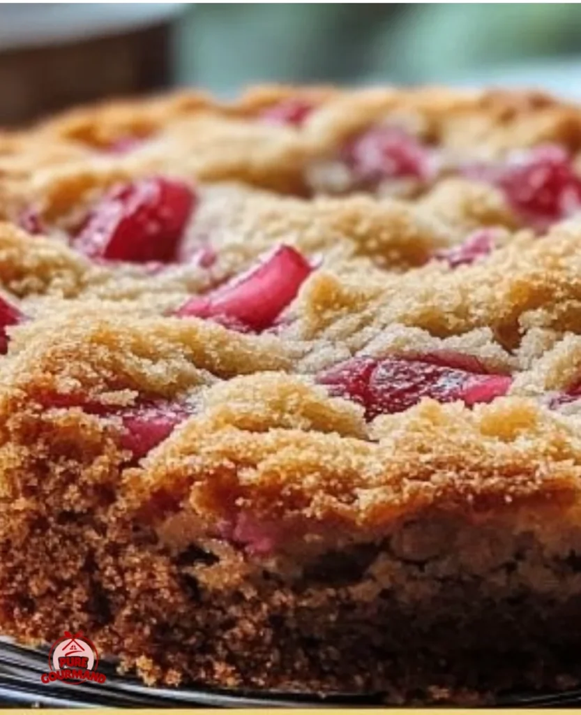 Delicious sour cream rhubarb coffee cake served on a plate