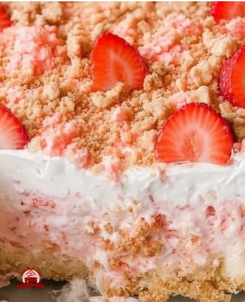 Slice of easy strawberry crunch poke cake topped with crunch and strawberries