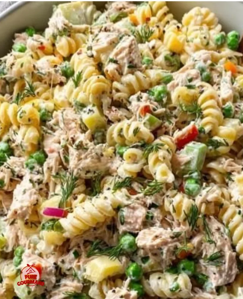 Easy Tuna Pasta Salad in a bowl with fresh ingredients