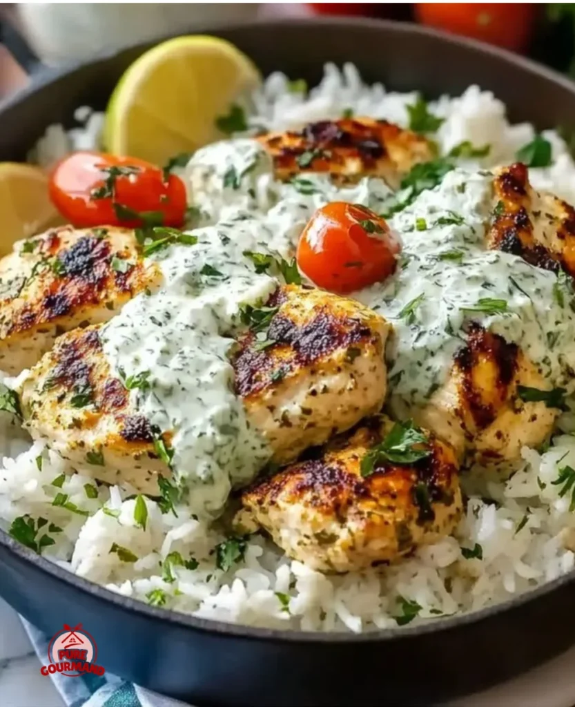 Effortless dump-and-bake chicken tzatziki recipe served with rice in a cozy setting