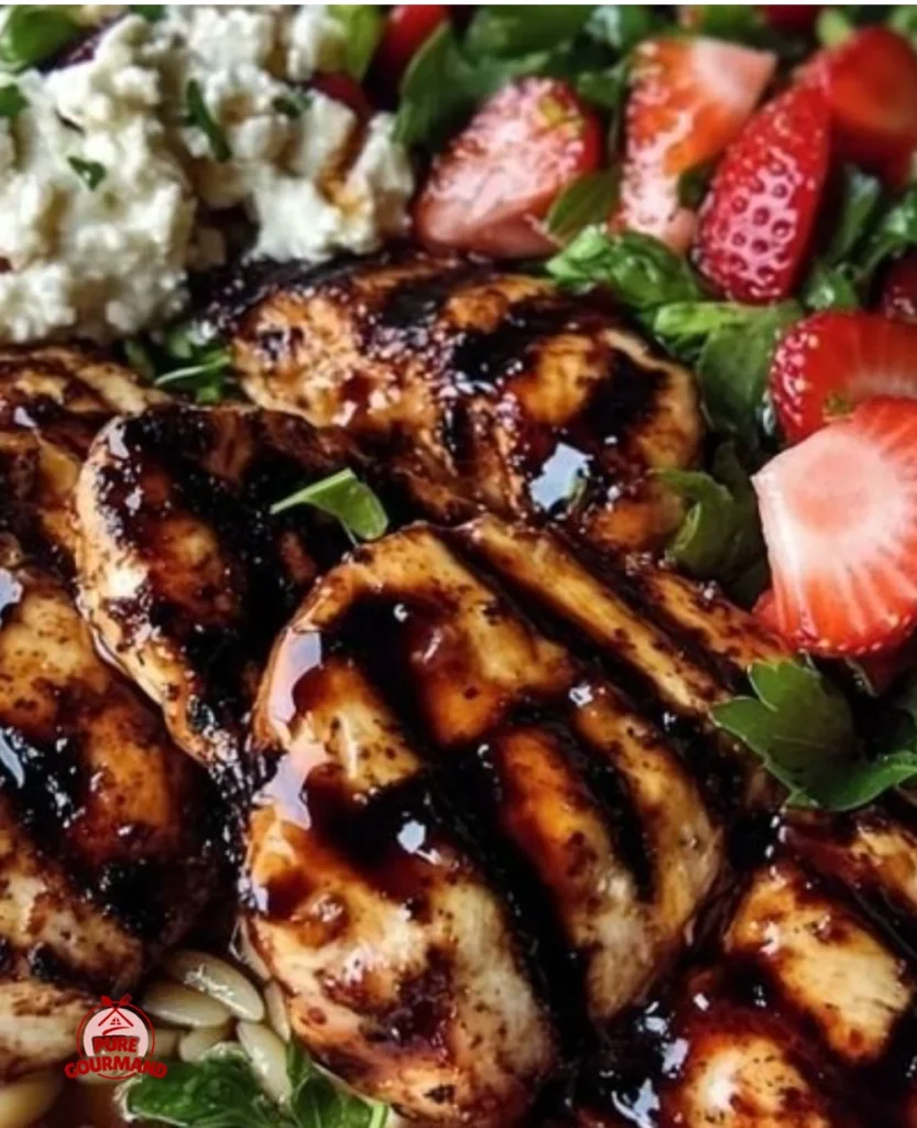 Sweet and savory grilled chicken with strawberry balsamic glaze and fresh orzo salad