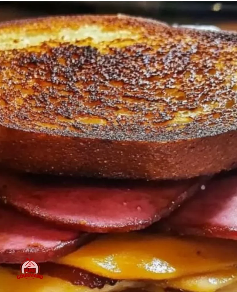 Elevated fried bologna sandwich with toppings and garnishes on a plate.