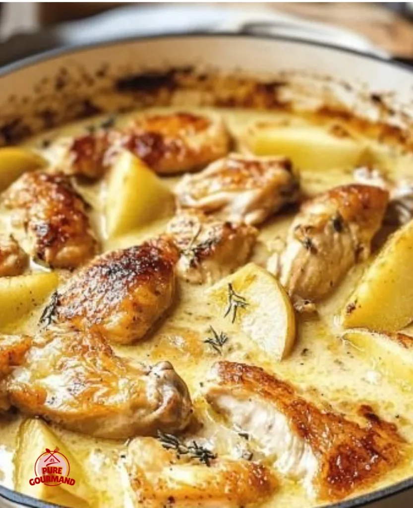 Creamy French Chicken Casserole à la Normande with apples and herbs