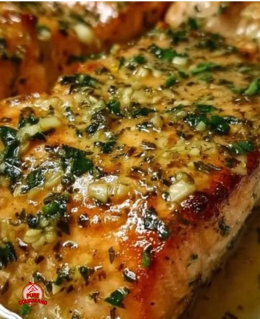 Garlic Butter Baked Salmon served on a plate with herbs and lemon wedges