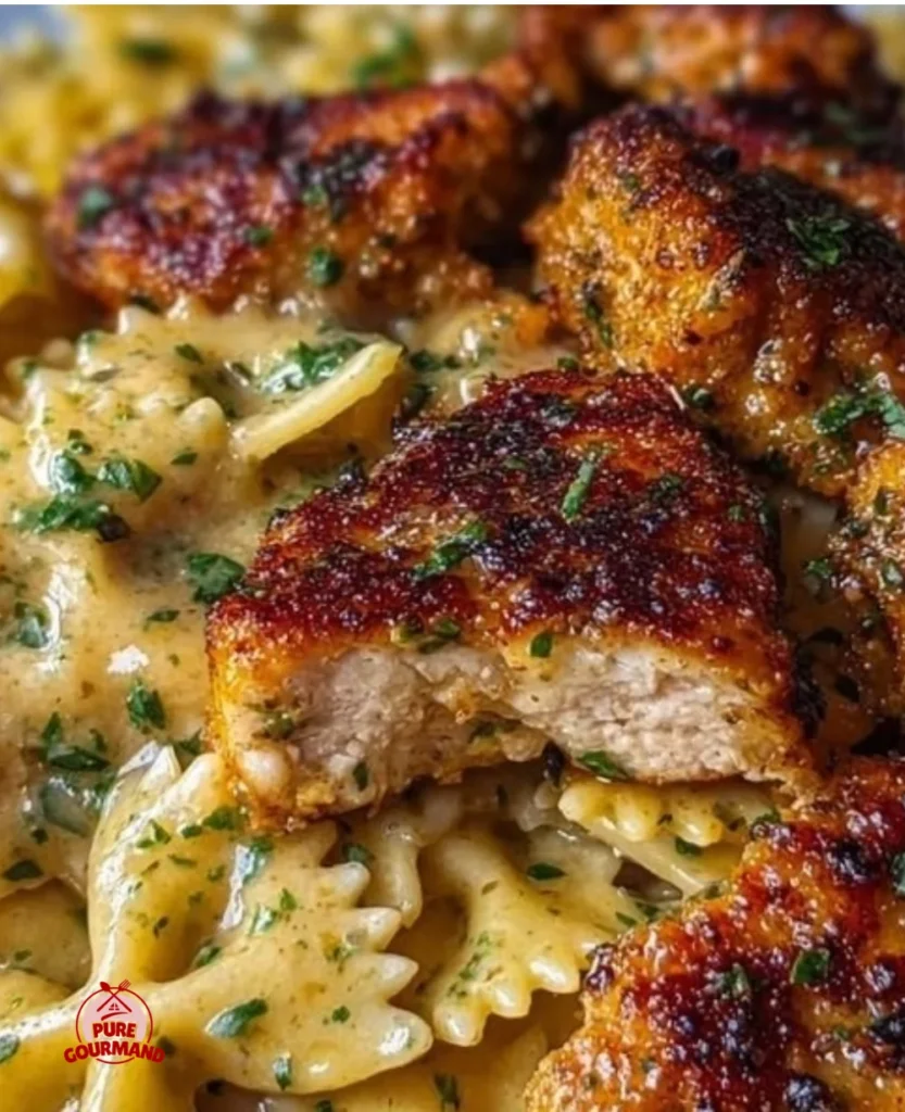 Delicious Garlic Butter Chicken Bowtie Pasta served in a cozy dish.