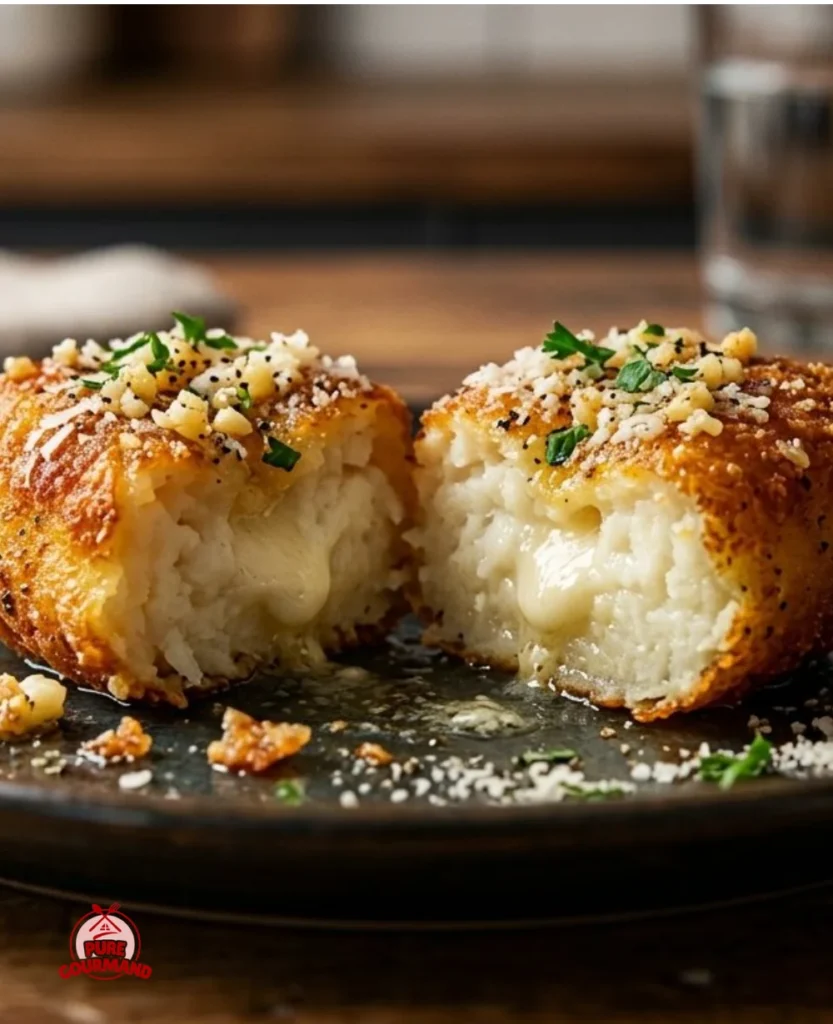 Plate of crispy garlic butter parmesan fried gnocchi garnished with parsley