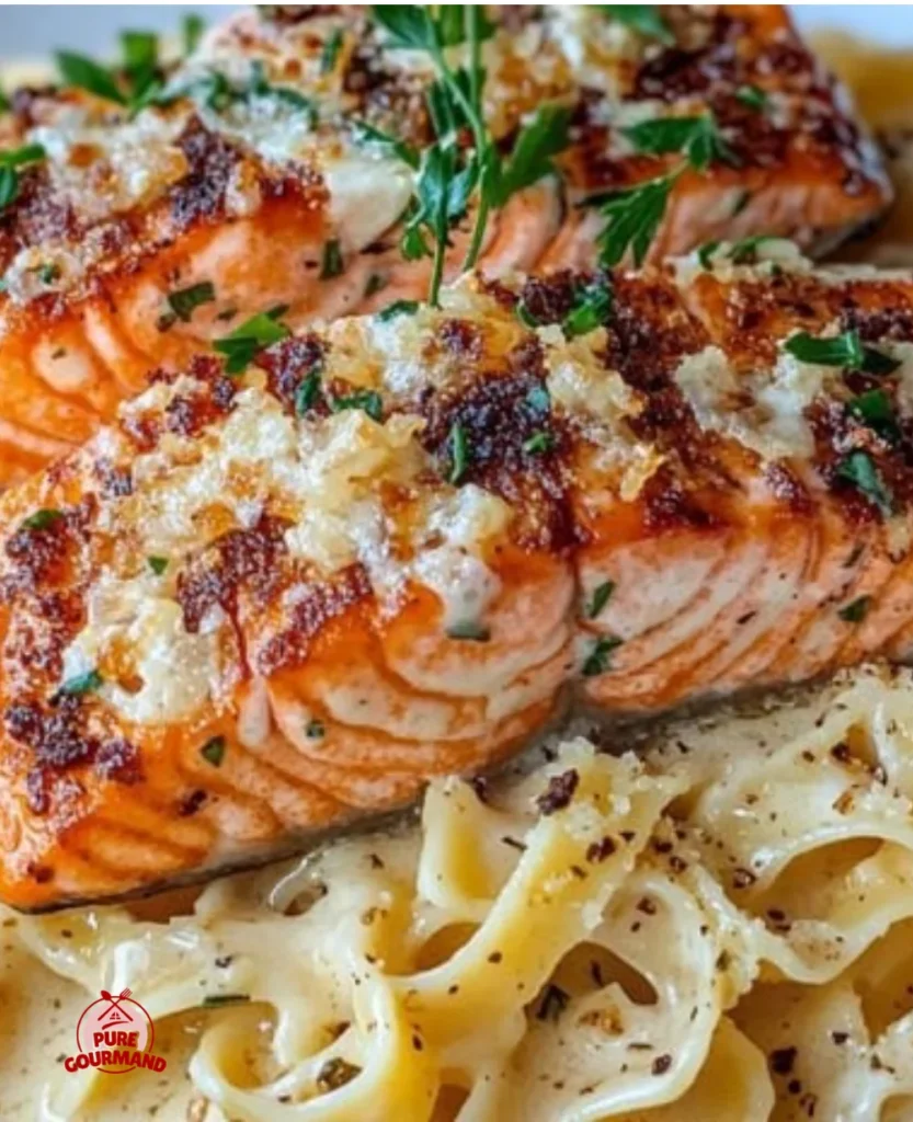 Garlic Butter Salmon Fettuccine served with herbs and fresh ingredients