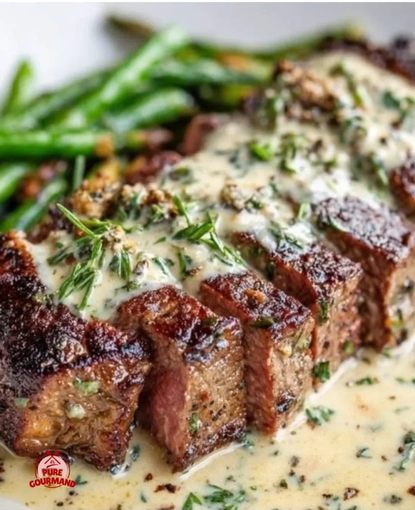 Delicious Garlic Butter Steak topped with Parmesan Cream Sauce on a plate