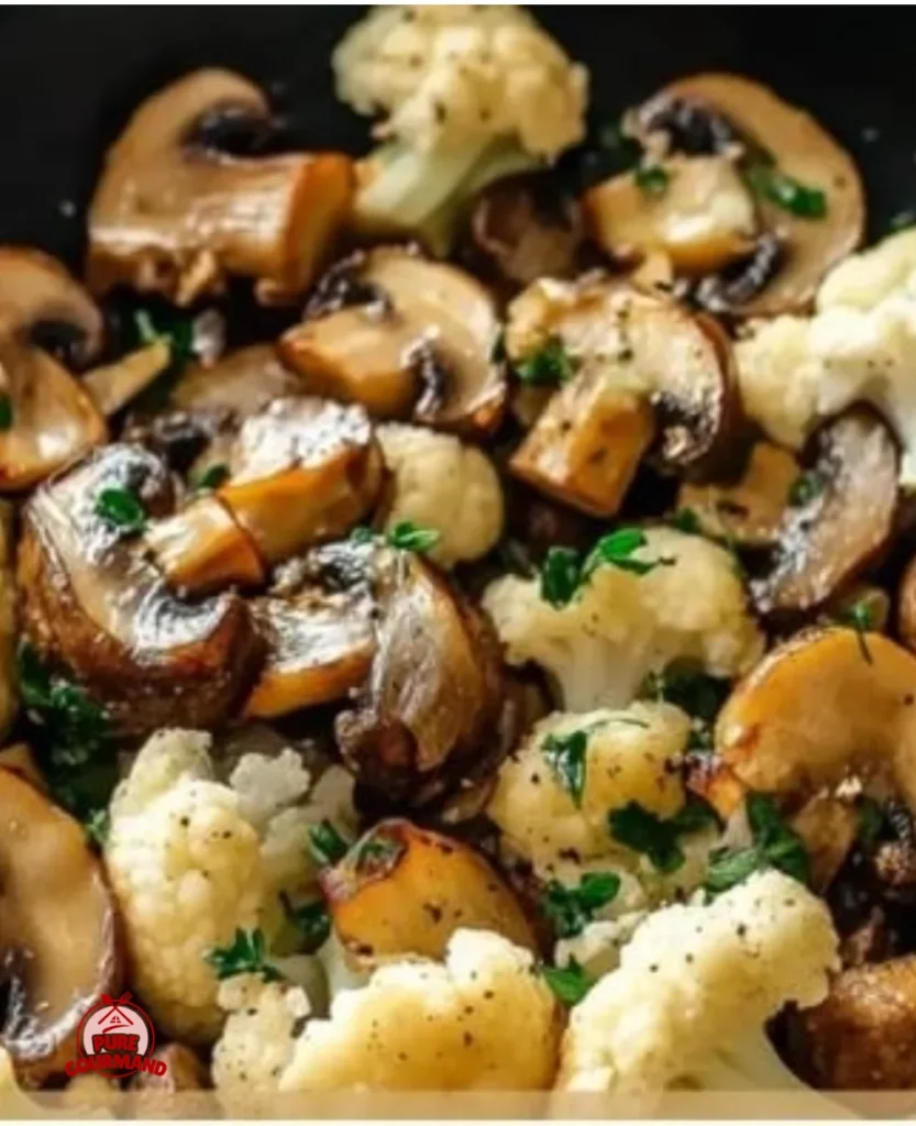 Delicious garlic mushrooms sautéed with cauliflower in a skillet.