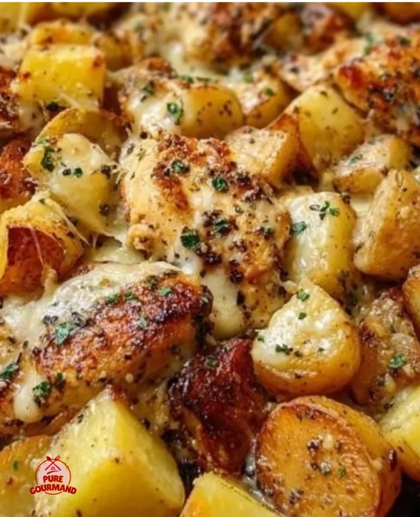One-pan Garlic Parmesan Chicken and Potatoes Skillet dish