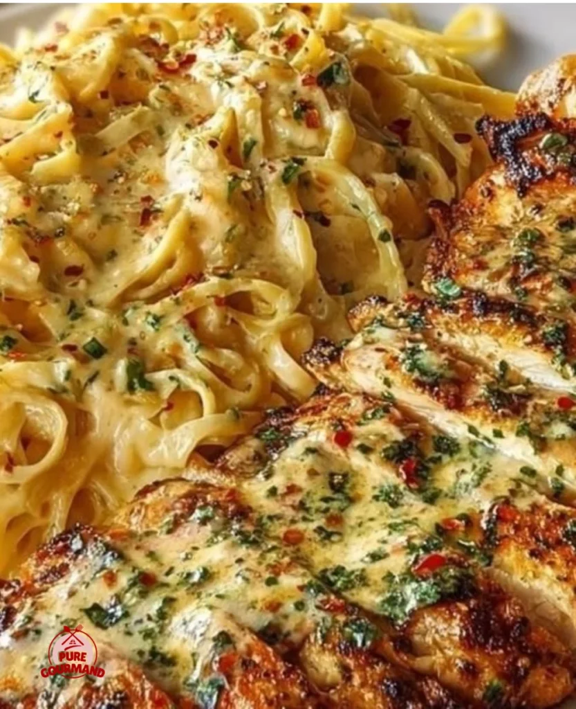 Garlic Parmesan Chicken Spaghetti served with Cajun cream sauce in a bowl