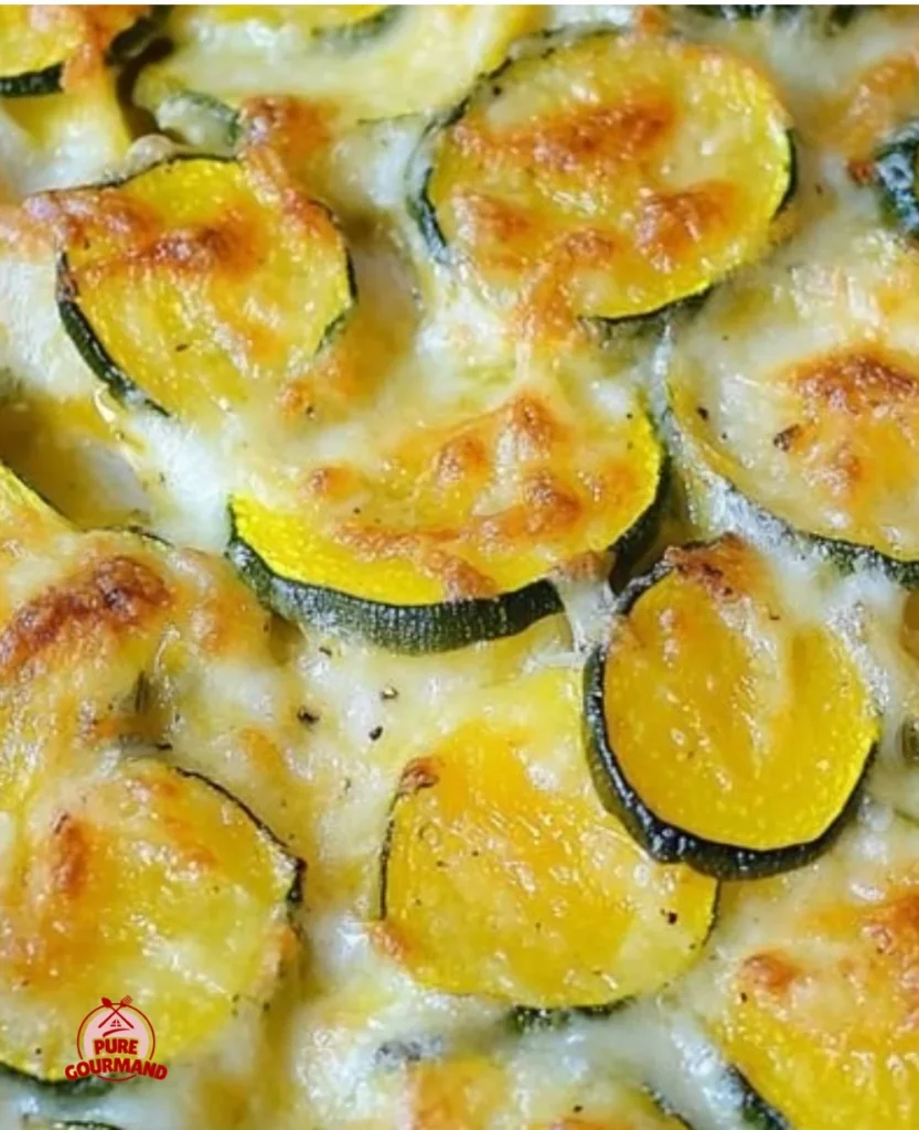 Baked zucchini au gratin with golden zucchini and yellow squash topped with cheese